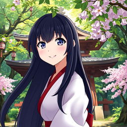 An 18-year-old female shrine maiden anime character with long flowing black hair and captivating dark blue eyes, smiling mischievously in front of a traditional Shinto shrine situated in the heart of a lush, vibrant forest