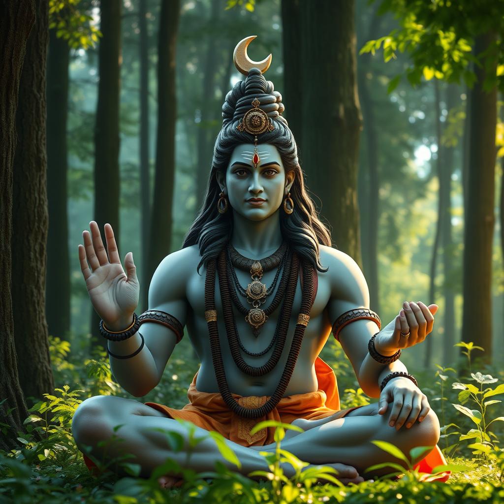 A realistic depiction of Lord Shiva in a serene yog mudra, sitting peacefully in a lush green forest