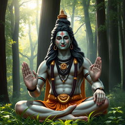 A realistic depiction of Lord Shiva in a serene yog mudra, sitting peacefully in a lush green forest