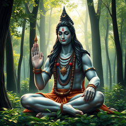 A realistic depiction of Lord Shiva in a serene yog mudra, sitting peacefully in a lush green forest