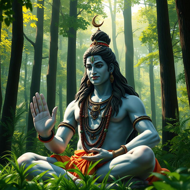 A realistic depiction of Lord Shiva in a serene yog mudra, sitting peacefully in a lush green forest