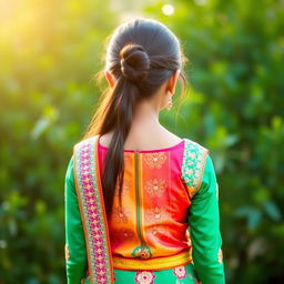 A beautiful Indian girl viewed from the back, wearing a traditional Punjabi suit that is colorful and intricately designed