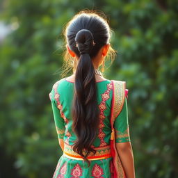 A beautiful Indian girl viewed from the back, wearing a traditional Punjabi suit that is colorful and intricately designed