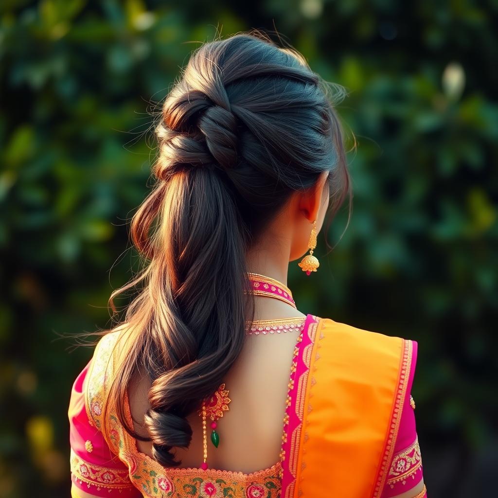 A beautiful Indian girl viewed from the back, wearing a traditional Punjabi suit that is colorful and intricately designed
