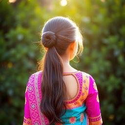 A beautiful Indian girl viewed from the back, wearing a traditional Punjabi suit that is colorful and intricately designed