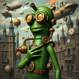 A unique interpretation of Gumby in a steampunk style, featuring him with intricate mechanical gears and brass accents