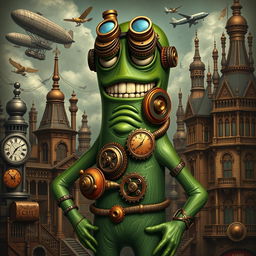 A unique interpretation of Gumby in a steampunk style, featuring him with intricate mechanical gears and brass accents