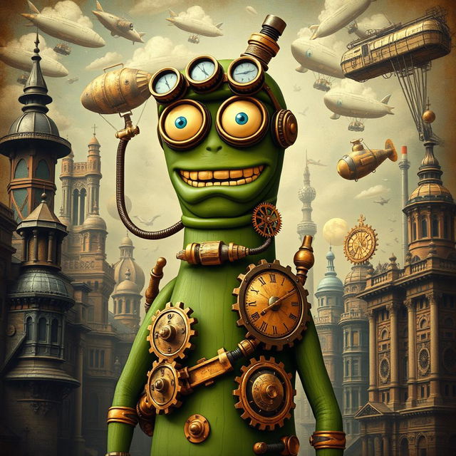 A unique interpretation of Gumby in a steampunk style, featuring him with intricate mechanical gears and brass accents