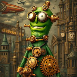 A unique interpretation of Gumby in a steampunk style, featuring him with intricate mechanical gears and brass accents