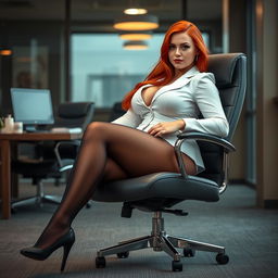 A sexy, beautiful, curvy, voluptuous girl with long flame red hair and captivating green eyes, sitting seductively on a stylish office chair in a modern office setting