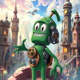 An anime-style representation of Gumby with a clockwork theme, showcasing him as a whimsical character made of metal and gears
