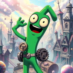An anime-style representation of Gumby with a clockwork theme, showcasing him as a whimsical character made of metal and gears