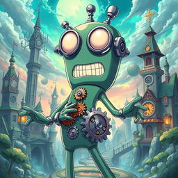 An anime-style representation of Gumby with a clockwork theme, showcasing him as a whimsical character made of metal and gears