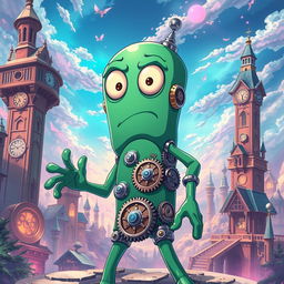 An anime-style representation of Gumby with a clockwork theme, showcasing him as a whimsical character made of metal and gears