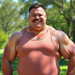 A large, muscular man with a thick mustache, standing confidently with a fresh, healthy look