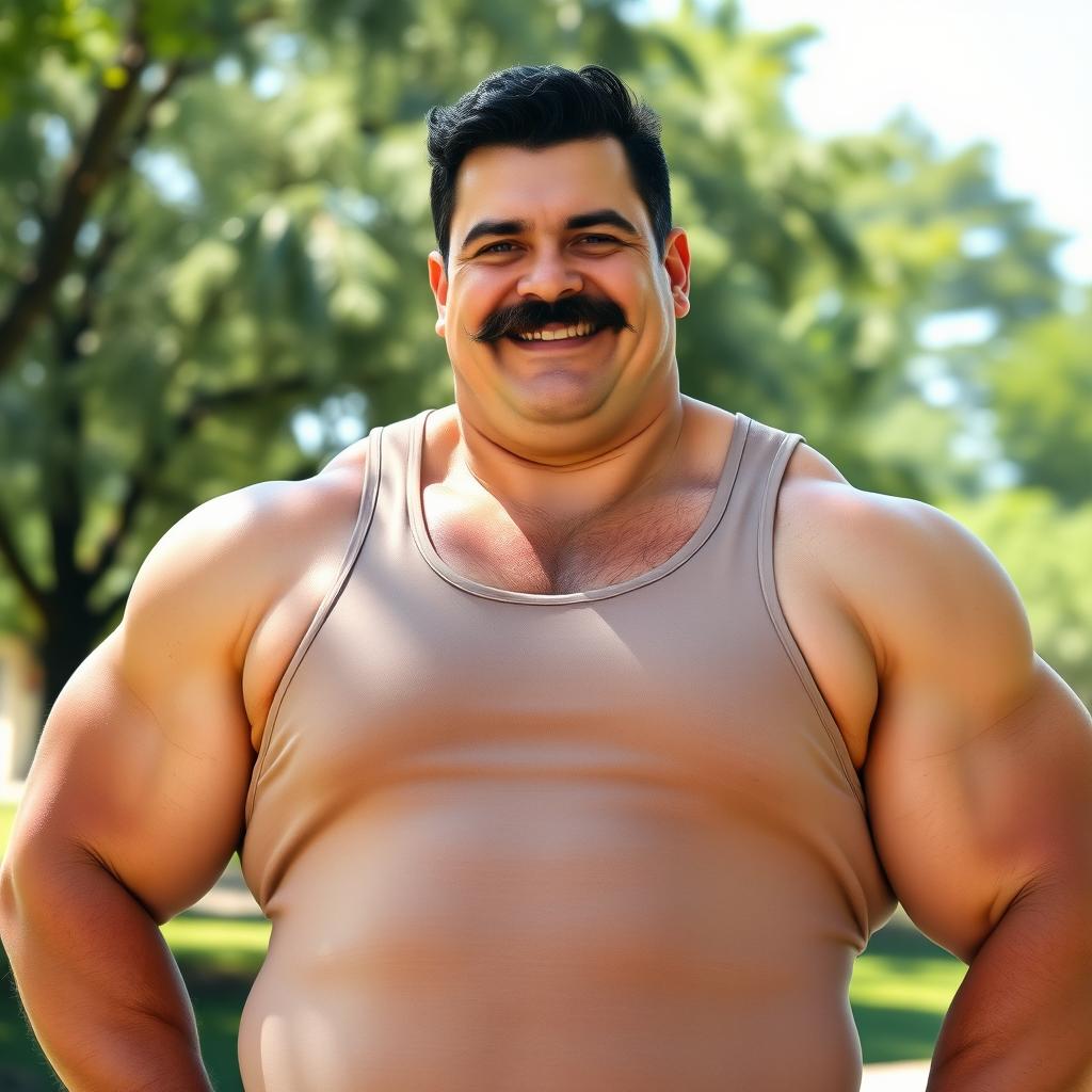 A large, muscular man with a thick mustache, standing confidently with a fresh, healthy look