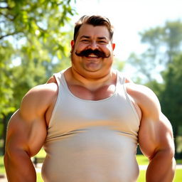 A large, muscular man with a thick mustache, standing confidently with a fresh, healthy look