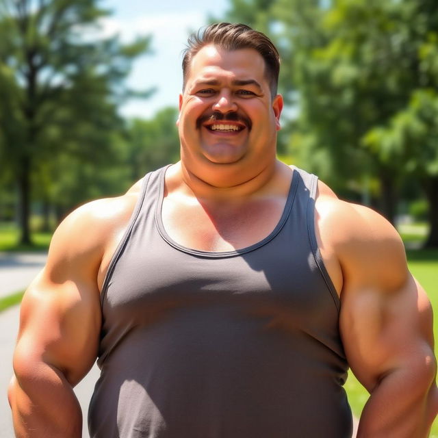 A large, muscular man with a thick mustache, standing confidently with a fresh, healthy look