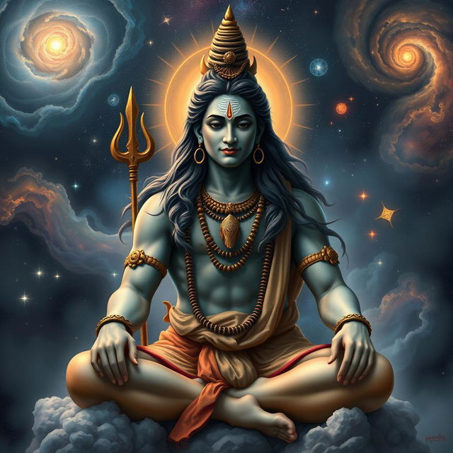 A realistic portrayal of Lord Shiva as a human figure within the cosmic universe, known as Brahmand