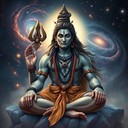 A realistic portrayal of Lord Shiva as a human figure within the cosmic universe, known as Brahmand