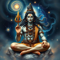 A realistic portrayal of Lord Shiva as a human figure within the cosmic universe, known as Brahmand