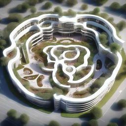 A concept image of a hospital architectural plan, intricately designed to resemble a human heart