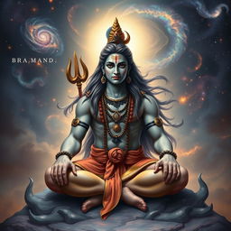 A realistic portrayal of Lord Shiva as a human figure within the cosmic universe, known as Brahmand