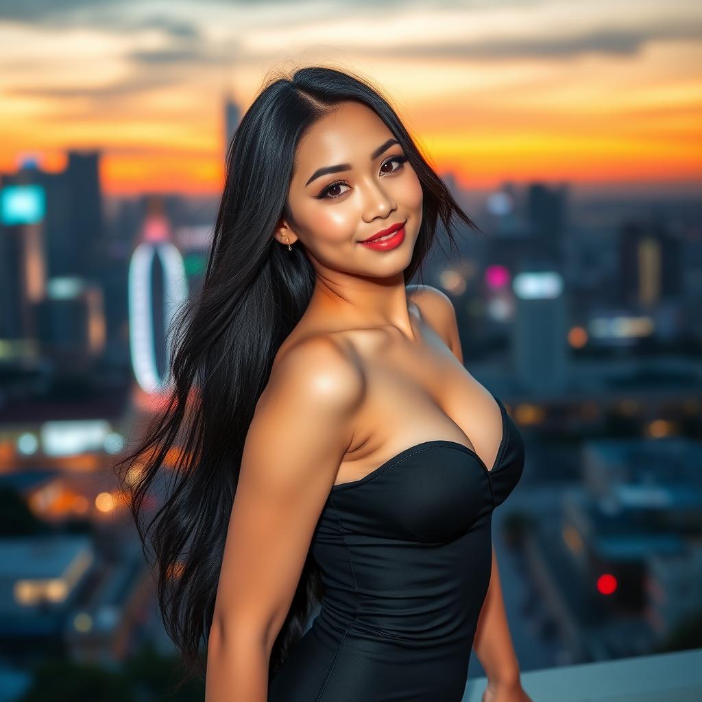 A beautiful, attractive Asian woman with long flowing black hair and striking features, wearing a stylish, form-fitting outfit that accentuates her curves