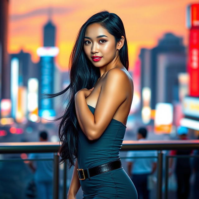 A beautiful, attractive Asian woman with long flowing black hair and striking features, wearing a stylish, form-fitting outfit that accentuates her curves