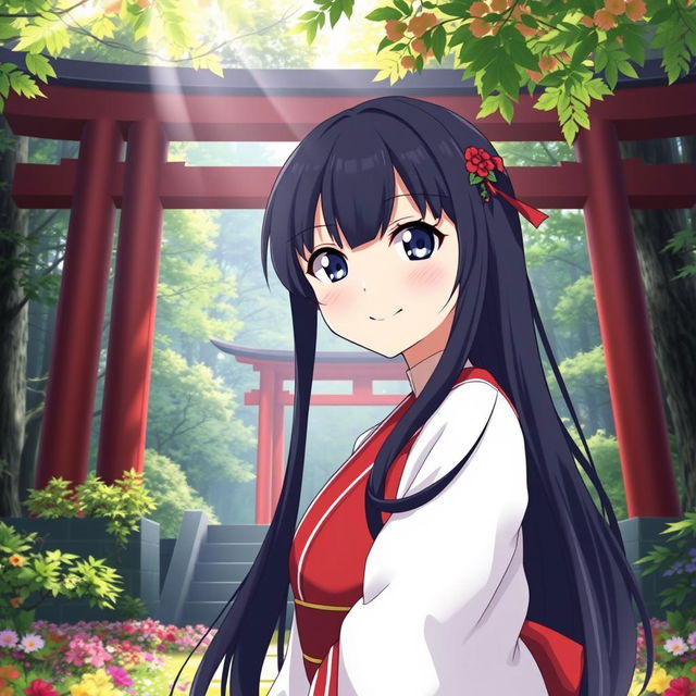 An 18-year-old female shrine maiden anime character with long flowing black hair and enchanting dark blue eyes, smiling mischievously in front of a traditional Shinto shrine that features a striking torii gate