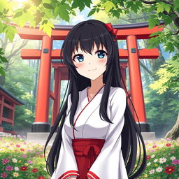 An 18-year-old female shrine maiden anime character with long flowing black hair and enchanting dark blue eyes, smiling mischievously in front of a traditional Shinto shrine that features a striking torii gate