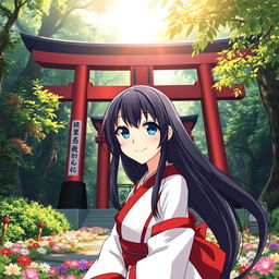An 18-year-old female shrine maiden anime character with long flowing black hair and enchanting dark blue eyes, smiling mischievously in front of a traditional Shinto shrine that features a striking torii gate
