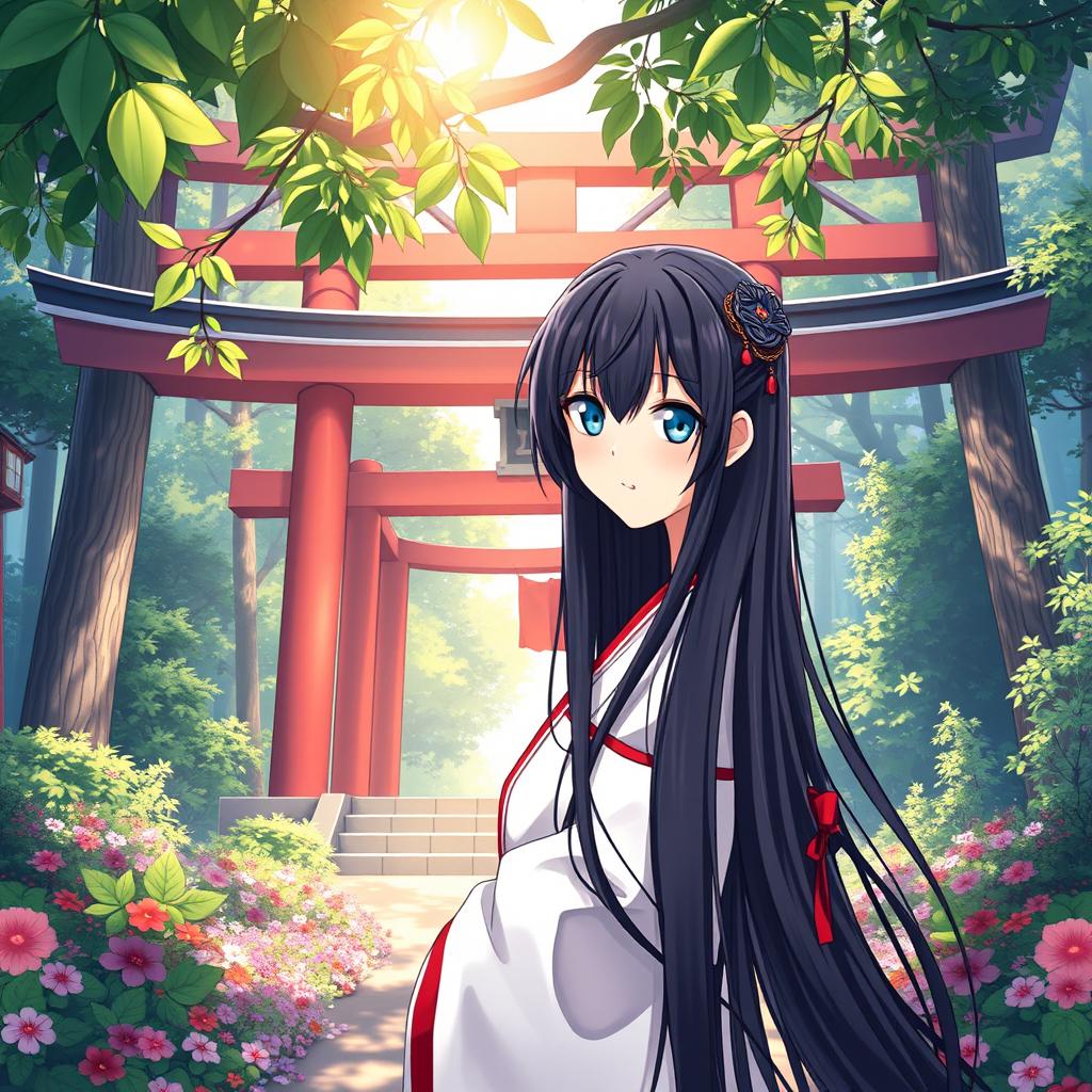 An 18-year-old female shrine maiden anime character with long flowing black hair and enchanting dark blue eyes, smiling mischievously in front of a traditional Shinto shrine that features a striking torii gate