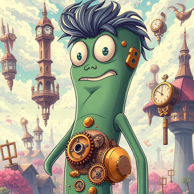 An anime-style illustration of Gumby depicted with a clockwork design, featuring intricate mechanical details such as brass gears, springs, and cogs visible throughout his body