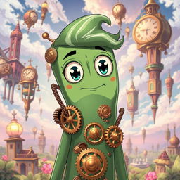 An anime-style illustration of Gumby depicted with a clockwork design, featuring intricate mechanical details such as brass gears, springs, and cogs visible throughout his body