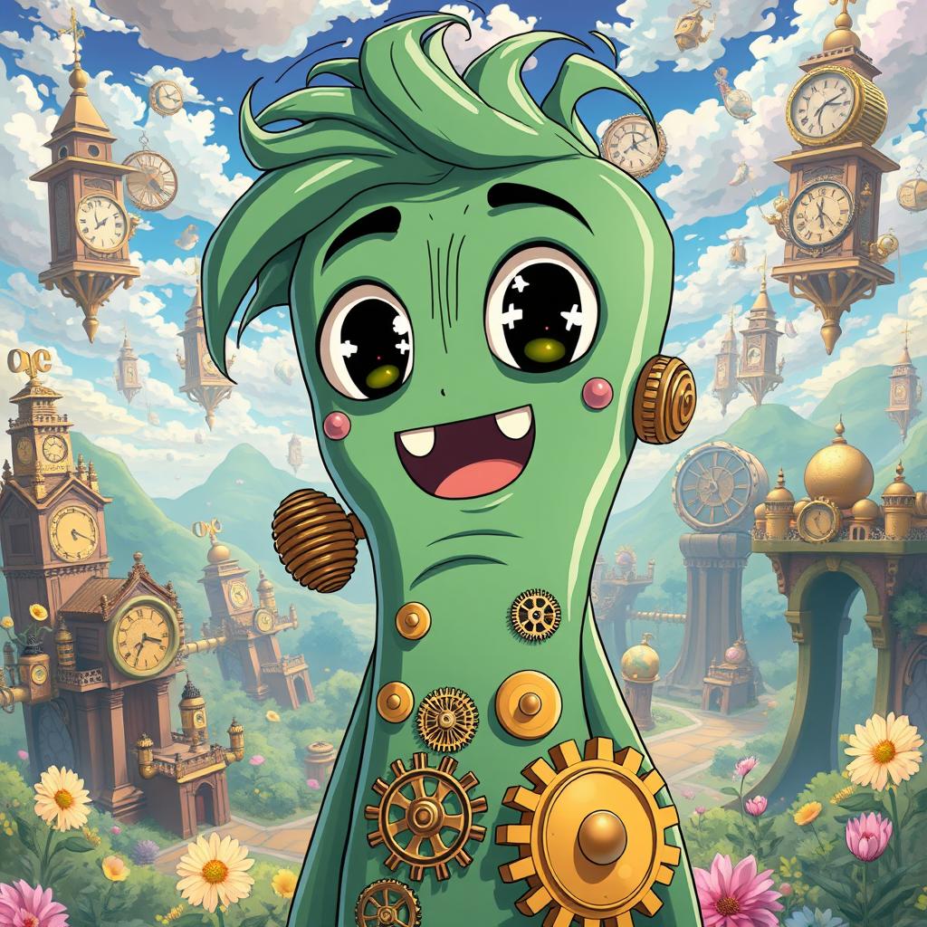 An anime-style illustration of Gumby depicted with a clockwork design, featuring intricate mechanical details such as brass gears, springs, and cogs visible throughout his body