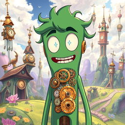 An anime-style illustration of Gumby depicted with a clockwork design, featuring intricate mechanical details such as brass gears, springs, and cogs visible throughout his body