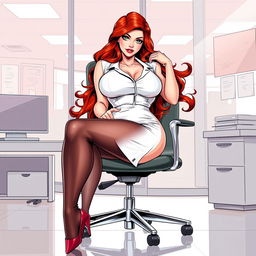 A sexy, beautiful, curvy, voluptuous girl illustrated in a comic book style, featuring long flame red hair and striking green eyes