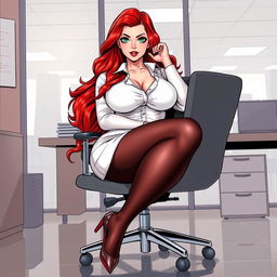 A sexy, beautiful, curvy, voluptuous girl illustrated in a comic book style, featuring long flame red hair and striking green eyes
