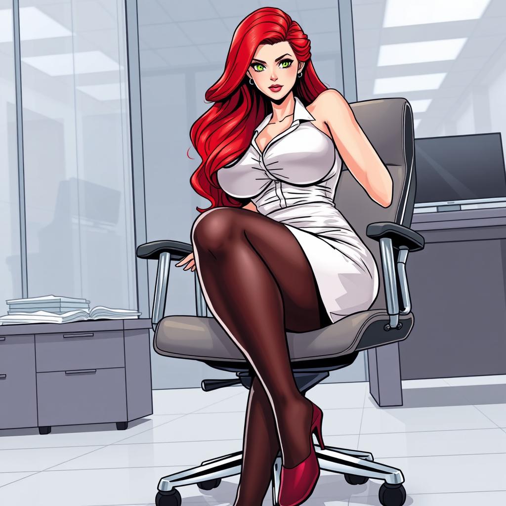 A sexy, beautiful, curvy, voluptuous girl illustrated in a comic book style, featuring long flame red hair and striking green eyes