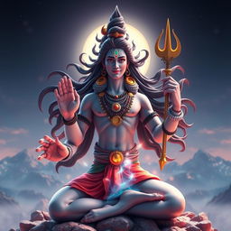 A stunning 3D animated representation of Lord Shiva, showcasing him in a dynamic pose, radiating divine energy