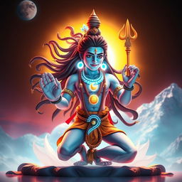 A stunning 3D animated representation of Lord Shiva, showcasing him in a dynamic pose, radiating divine energy