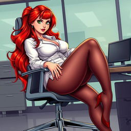 A sexy, beautiful, curvy, voluptuous girl illustrated in a comic book style, characterized by long flame red hair and striking green eyes