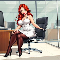 A sexy, beautiful, curvy, voluptuous girl illustrated in a comic book style, characterized by long flame red hair and striking green eyes