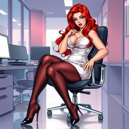 A sexy, beautiful, curvy, voluptuous girl illustrated in a comic book style, characterized by long flame red hair and striking green eyes