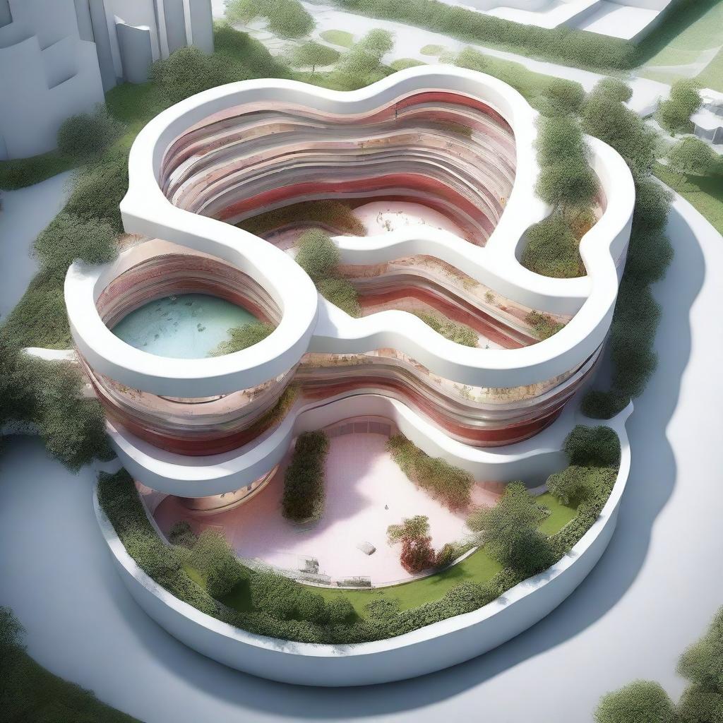 A high quality digital rendering of an architectural concept of a hospital, inspired by the form of a heart or aorta