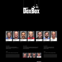 A website design mockup for an imageboard named 'DoxBox', featuring a dark theme with a black background