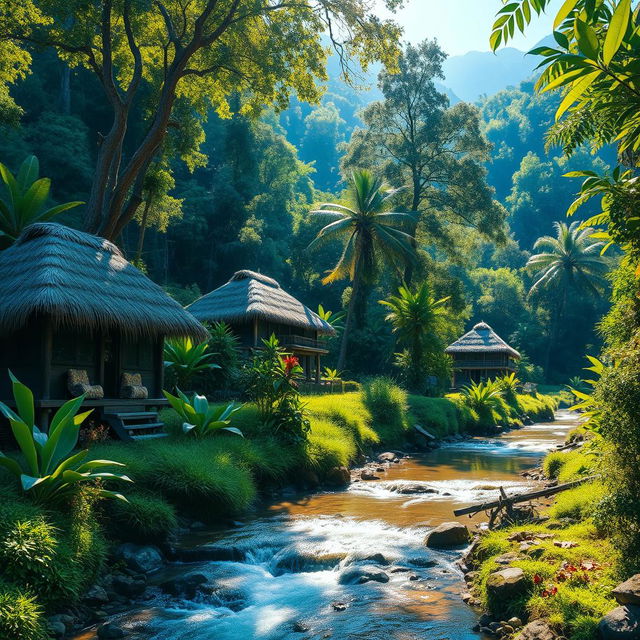 A stunning and vibrant scenic representation of a traditional Hovito village nestled in the lush, verdant mountains