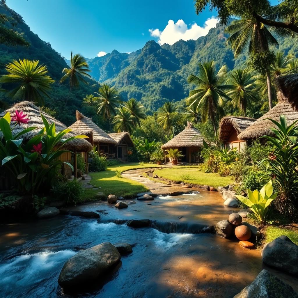 A stunning and vibrant scenic representation of a traditional Hovito village nestled in the lush, verdant mountains