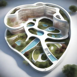 A high quality digital rendering of an architectural concept of a hospital, inspired by the form of a heart or aorta